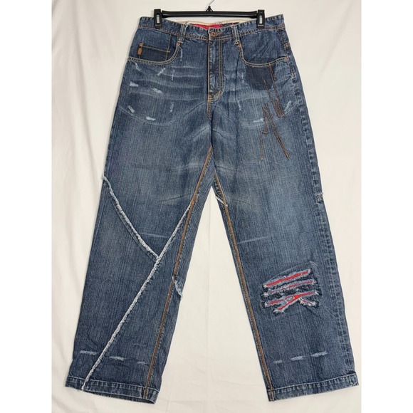 Rare Vintage 36x32‎ London Pepe Men's Jeans Distressed Ripped RED elements